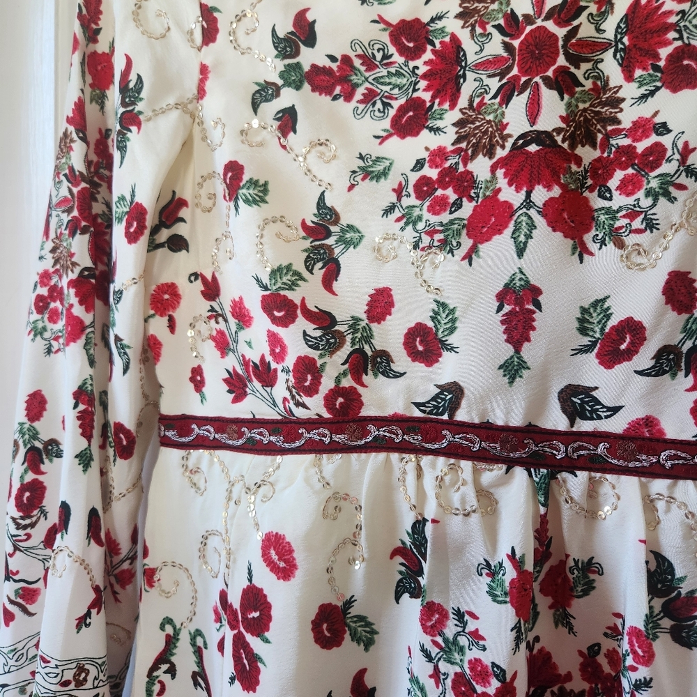 Free People White & Red "Russian Doll" Babydoll Gathered Cuff Long Sleeve Dress - Picture 4 of 10